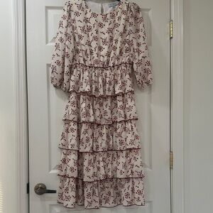 Polagram Cream and Red Floral Tiered Dress